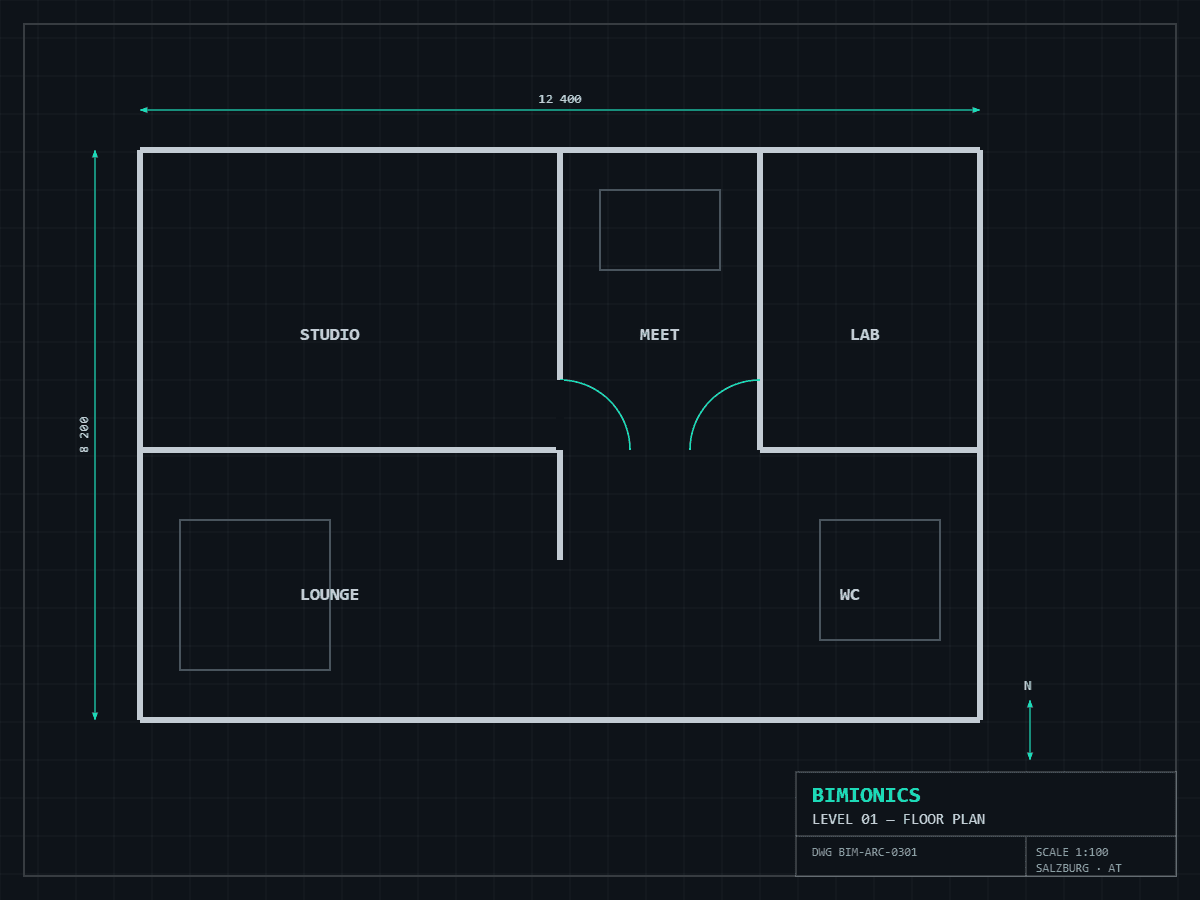BIM floor plan with rooms and dimensions