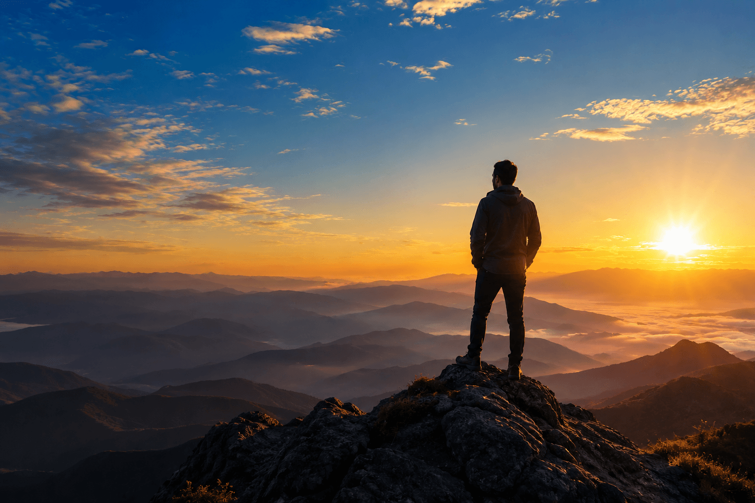 A person standing on a mountain summit above the clouds at sunrise